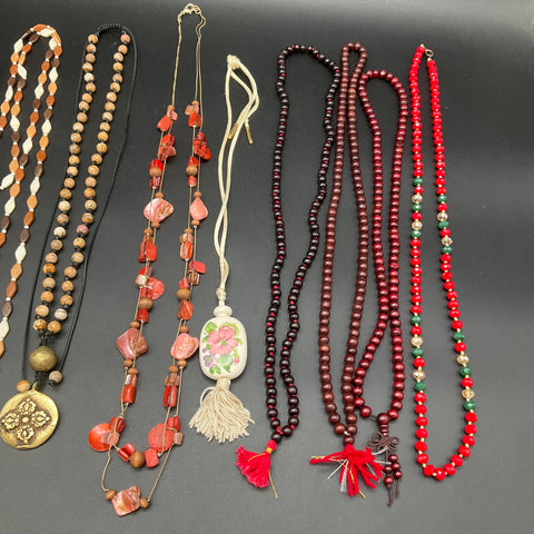 Mixed Boho Costume Jewelry Lot 10 Necklaces Beaded Wood Shell Tassel Boho Style