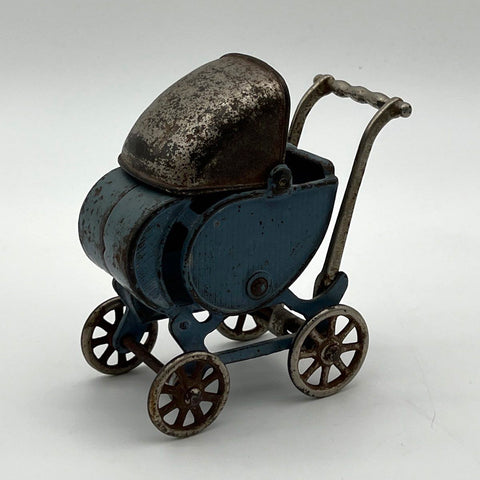 Vintage Cast Iron Miniature Doll Stroller Carriage Blue Paint Spoke Wheels