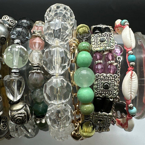 Vintage & Modern Costume Jewelry Lot 20pc Beaded Stretch Bangles Wood Shell