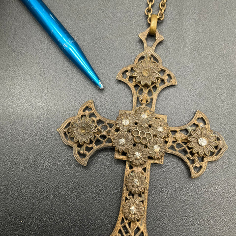 Antique Style Filigree Cross Pendant Necklace Paste Stone As-Is Repair 24"