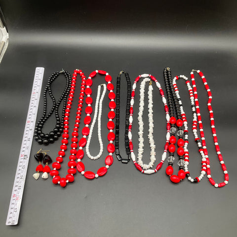 Vintage Red White Black Beaded Costume Jewelry Lot of 11 Necklaces Earrings