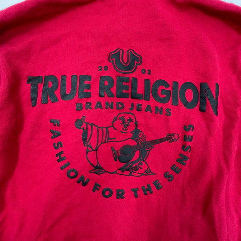 True Religion Men's Red Core Zip Up Buddha Graphic Hoodie Size XXL