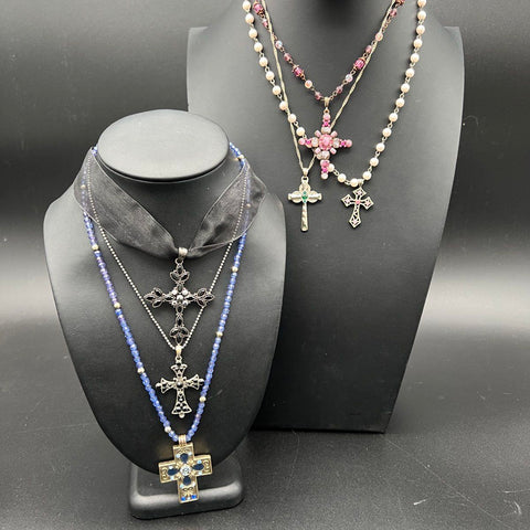 Lot of 6 Rhinestone Cross Pendant Necklaces Gothic Y2K Beaded Ribbon Choker