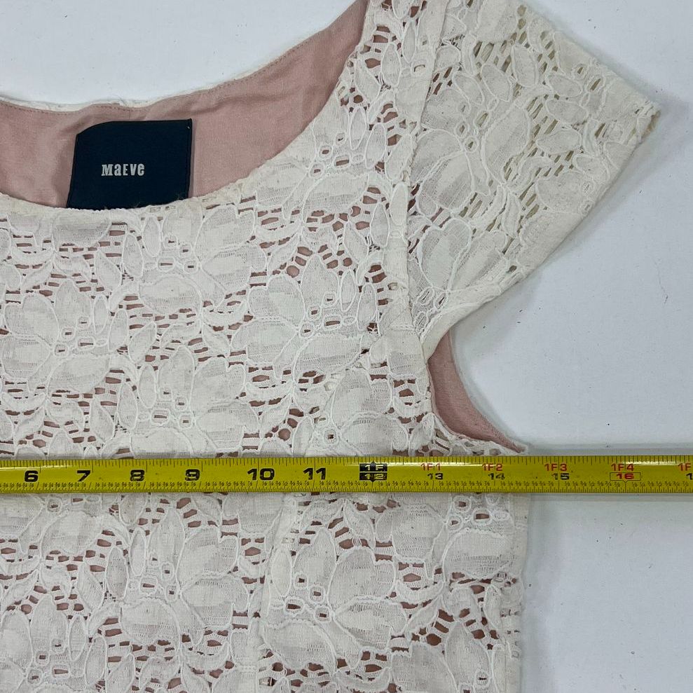 Women's Maeve by Anthro Cream Lace Pink Lining Cap Sleeve Dress - Size Small