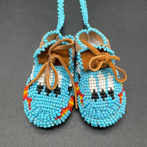 Vintage Miniature Beaded Moccasin Necklace Suede Bootie Turquoise Blue 17"