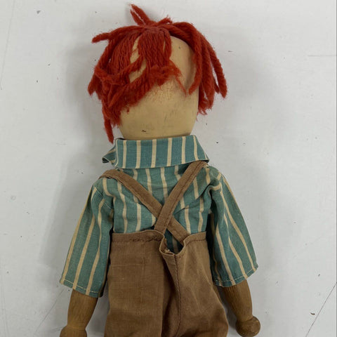 Vintage Wood Folk Art Doll Boy Figure Red Hair Overalls 12" Hand Painted