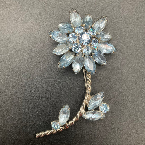 Vintage Mid-Century Silver Tone Light Blue Rhinestone Flower Spray Brooch 4.25"