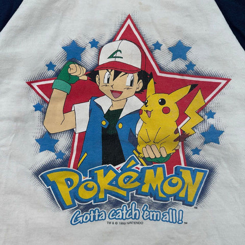 Vintage 1999 Pokemon Ash Pikachu Raglan Baseball T-Shirt Kids Sz S USA
