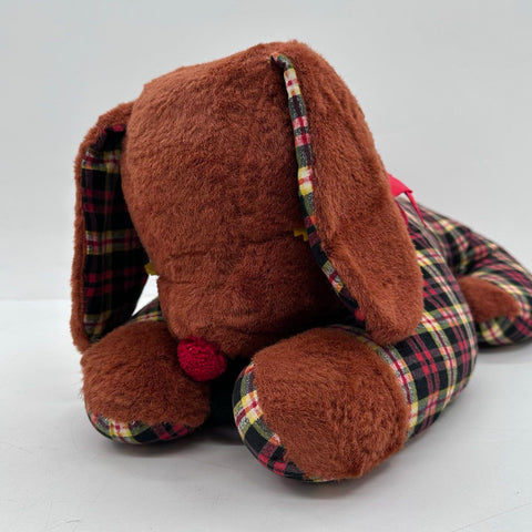 Vintage 1960s Dog Plushie Plaid Brown Faux Fur Stuffed Animal 20 Inch Large