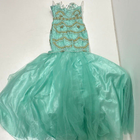 Madison James Women's Mint Green Beaded Sequined Mermaid Tulle Formal Gown Sz 4