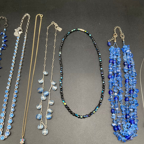 Costume Jewelry Lot 9 Necklaces Mixed Styles Blue Black Art Glass Nine West