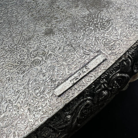 Vintage Silver Tone Courting Couple Repousse Jewelry Box Casket Red Velvet Japan