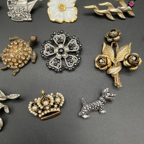 Vintage Costume Jewelry Lot of 15 Brooches Peacock Flower Rhinestone Animal Pins