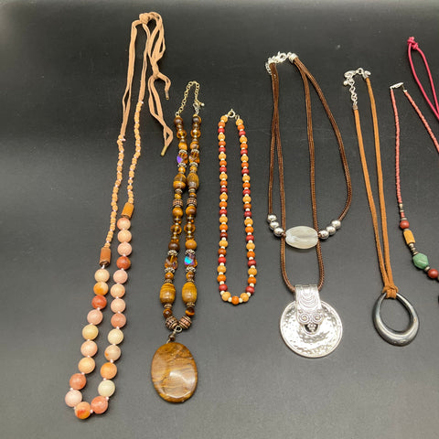 Mixed Costume Jewelry Necklace Lot 10 Pc Boho Beaded Earthy Silver Gold Tone