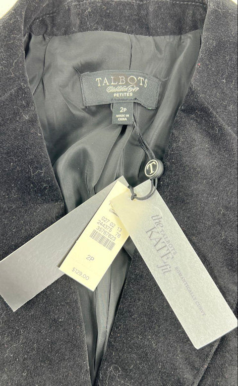NWT Talbots Women's Black Kate Fit Velvet Cotton Blazer Jacket Size 2P