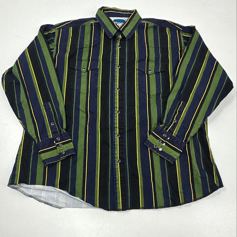 Wrangler Men's Green Blue Striped Long Sleeve Cotton Western Snap Shirt Sz XXL