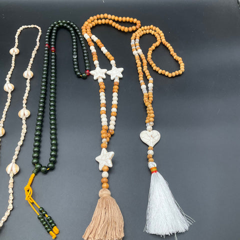Boho Ethnic Wood Bead Shell Tassel Mala Jewelry Lot of 4
