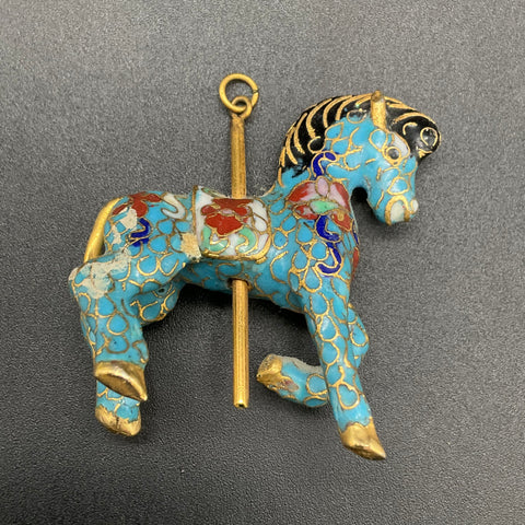 Vintage Cloisonne Enamel Carousel Horse Pendant Blue Gold Tone Jewelry 2.25"