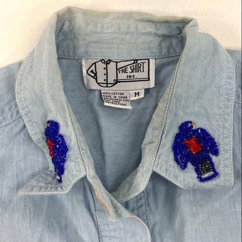 Vintage 90s The Shirt Inc Beaded Southwestern Aztec Chambray Shirt Sz M