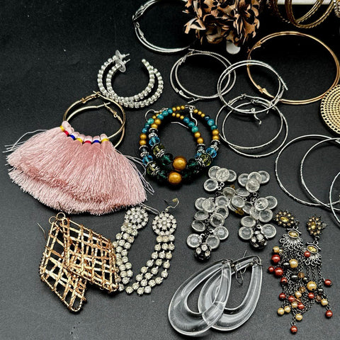 Vintage to Modern Mixed Costume Jewelry Earrings Lot Hoops Rhinestones Tassels