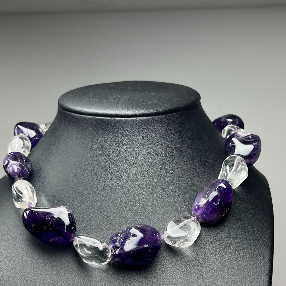 Large Purple and Clear Semi-Precious Stone Beaded Necklace