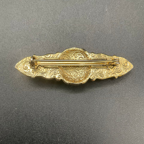 1928 Jewelry Gold Tone Faux Pearl and Black Cabochon Brooch Bar Pin Lot of 2