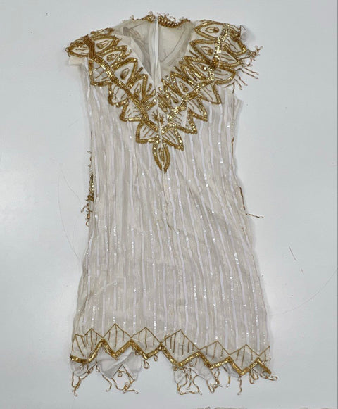 Lawrence Kazar Women's White Gold Vintage 90s Beaded Sequin Silk Dress Sz M