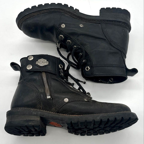 Harley-Davidson Black Leather Lace-Up Side Zip Motorcycle Boots Size 8