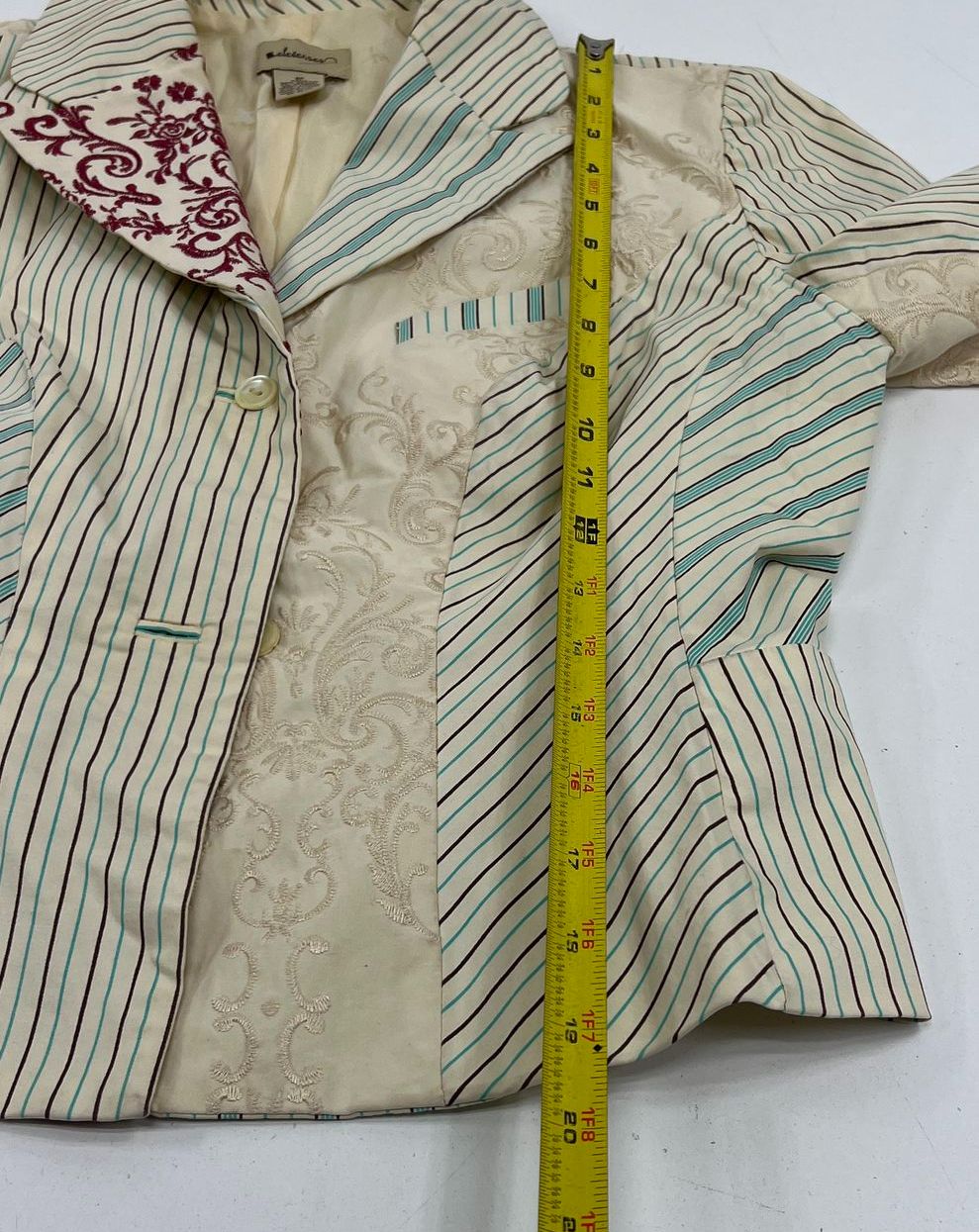 Anthropologie Elevenses Striped Embroidered Patchwork Cotton Blazer Women's 6P