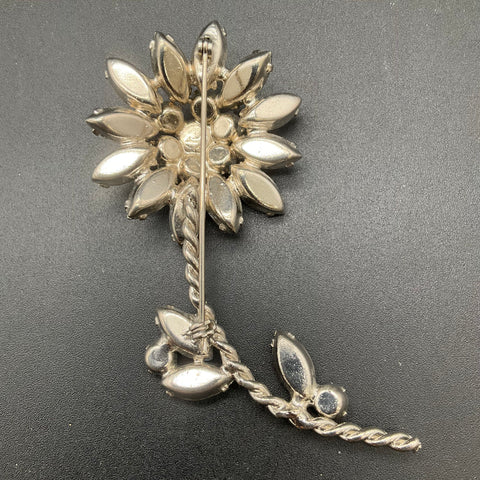 Vintage Mid-Century Silver Tone Light Blue Rhinestone Flower Spray Brooch 4.25"