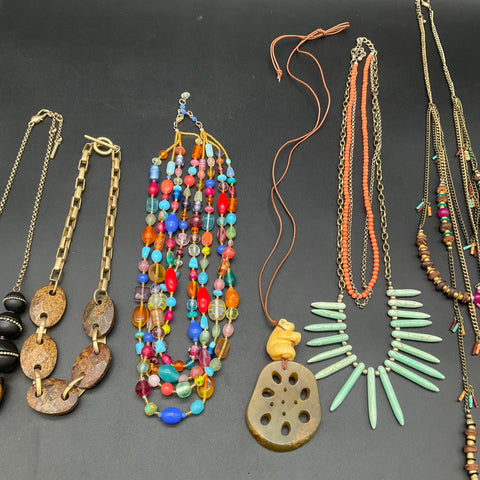Boho Jewelry Lot 10pc Necklaces Tiger's Eye Wood Stone Shell Beaded Mixed Styles