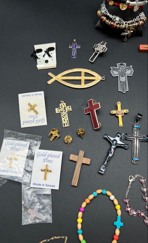 Religious Jewelry Lot Catholic Christian Crosses Rosaries Charm Bracelets Pins