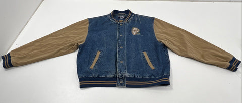 Vintage 90s Boast USA Denim Varsity Jacket Wolf Embroidery Larry Fanning Sz XXL