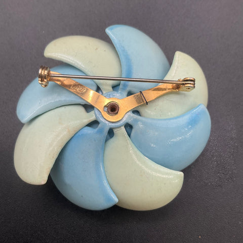 Vintage Coro Enamel Flower Brooch Blue Green Layered Petal Mid-Century Pin 2.5"