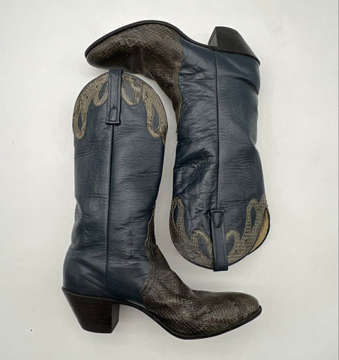 Vintage Nocona Navy Leather Snakeskin Exotic Cowboy Boots Size 7.5 B