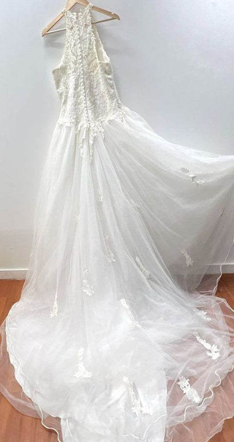 Vintage Y2K Women's White High Neck Halter Lace Beaded Wedding Dress Gown Sz 16