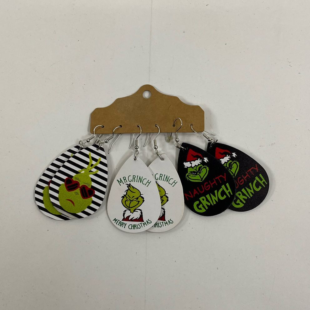 3 Pairs The Grinch Christmas Earrings Teardrop Shape Faux Leather Soft Xmas