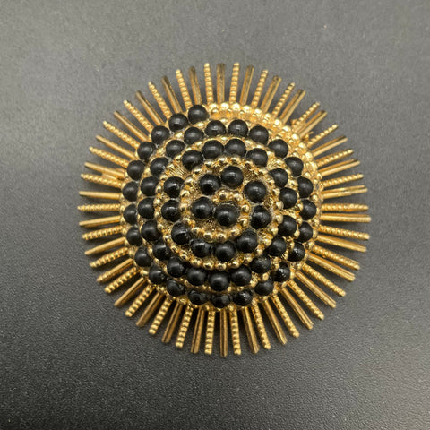 Vintage Gold Tone Black Bead Starburst Brooch Clip-on Earrings Demi Parure