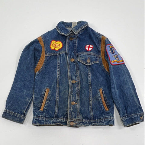 Vintage 90s Gap Kids Denim Jacket Patches Leather Trim OOAK Goodyear USA Sz S