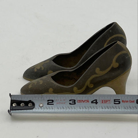 Vintage Brass Miniature High Heel Shoe Figurines Pair Ornate Floral Scroll