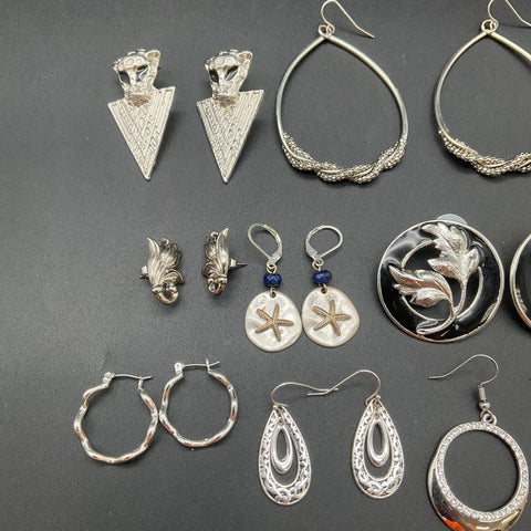 Silver Tone Fashion Earrings Jewelry Lot 17 Pairs Hoops Chandelier Rhinestone