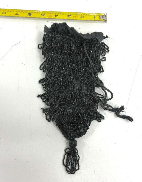 Antique Victorian Black Glass Beaded Fringe Tassel Reticule Pouch Evening Bag