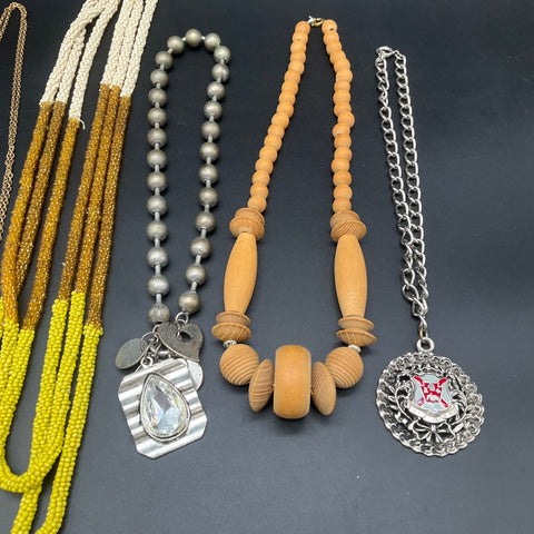 Vintage & Modern Costume Jewelry Lot 7 Statement Beaded & Pendant Necklaces Boho