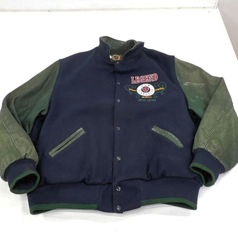 Vintage 90s Dehen Men's Blue Wool Leather Sleeve Varsity Jacket XL Embroidered