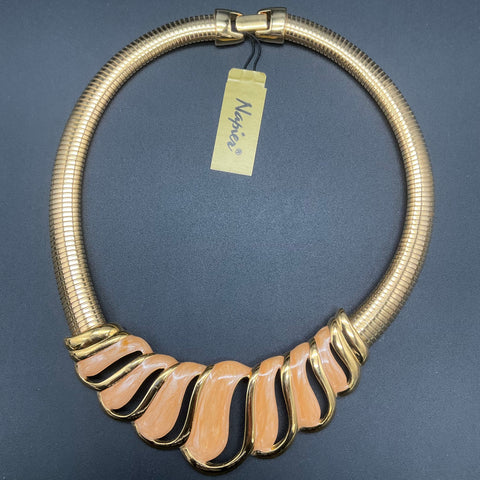 Vintage Napier Gold Tone Peach Enamel Omega Choker Necklace 16" Signed NWT
