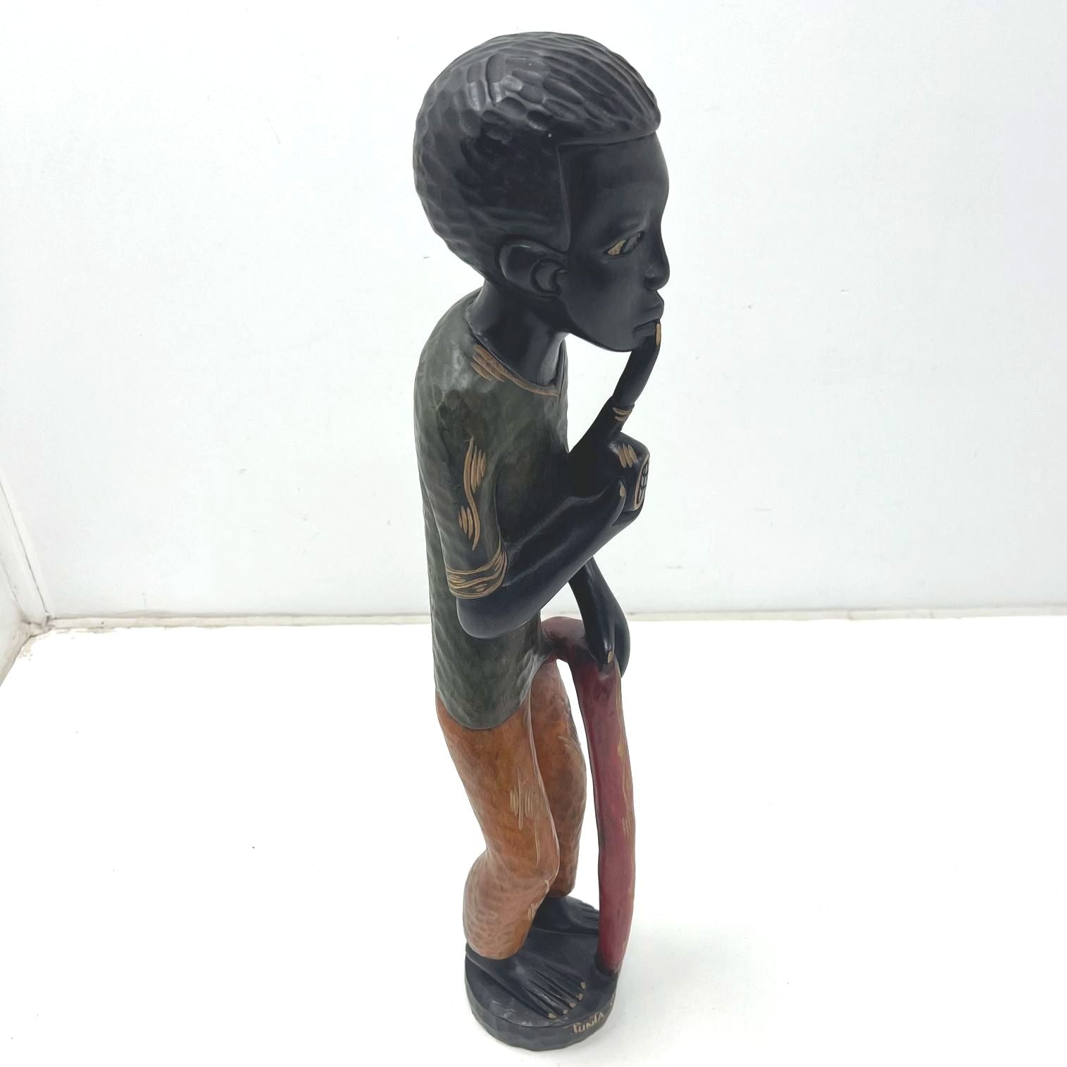 Vintage Hand Carved Wood Statue Figure 22" Signed Punta Cana Folk Art Sculpture