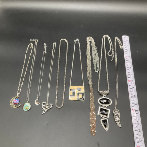 Silver Tone Jewelry Lot 9 Necklaces Boho Geometric Moon Heart Feather Tassel