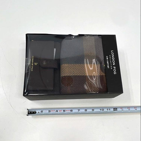 London Fog Men's 3pc Gift Set Plaid Scarf Brown Card Holder Wallet NIB