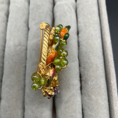 Vintage Mid-Century Gold Tone Enamel Fruit Basket Brooch Figural Jewelry 2.5"