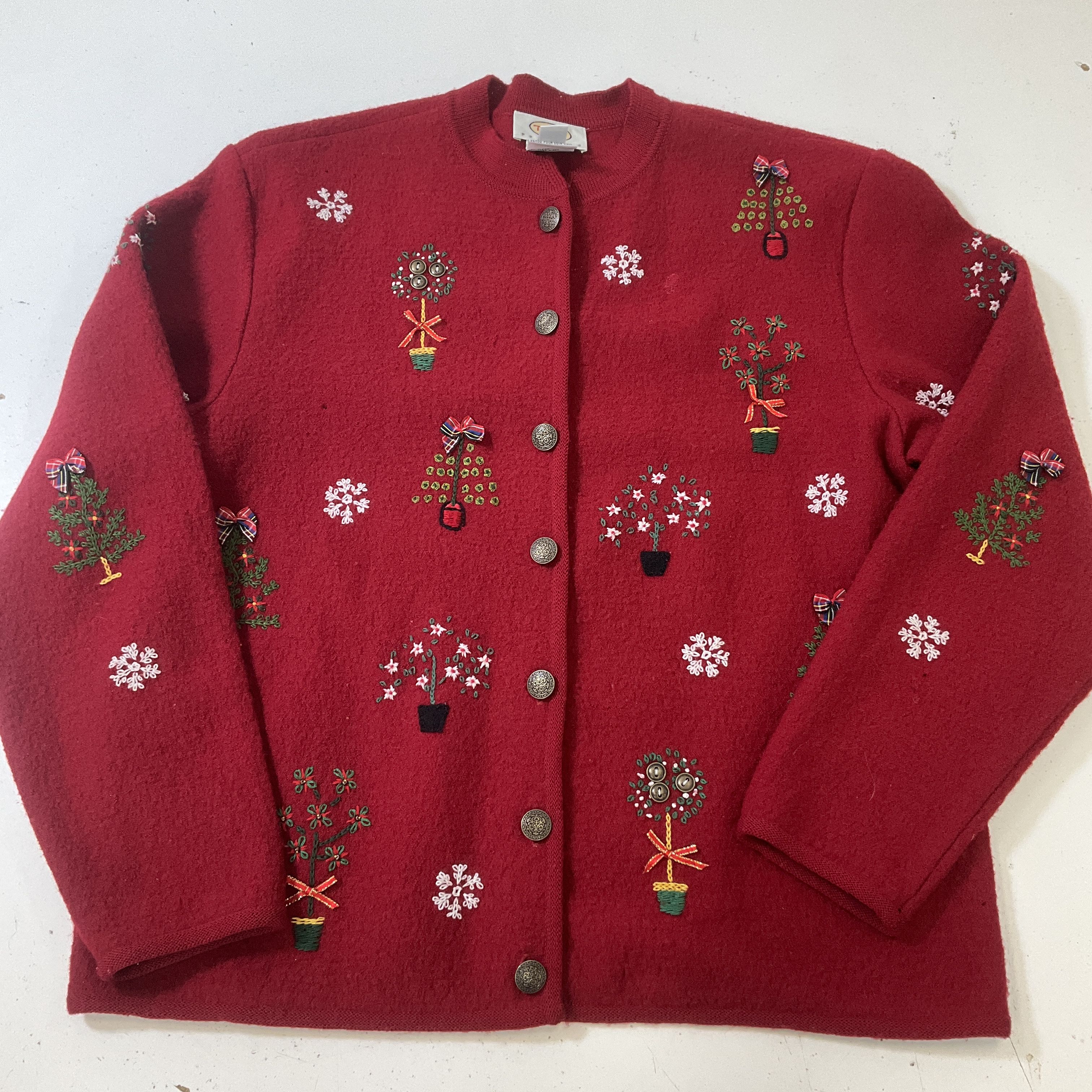 Talbots Women's Red Embroidered Topiary Cardigan 100% Wool Size Petite M Vintage